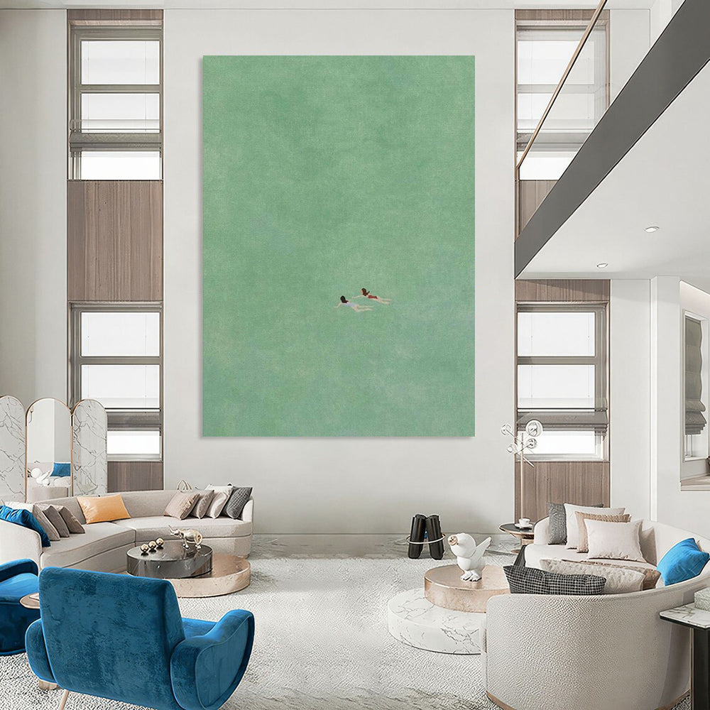 “Two Swimmers in Green” - Minimalist Figurative Painting On Canvas DS305