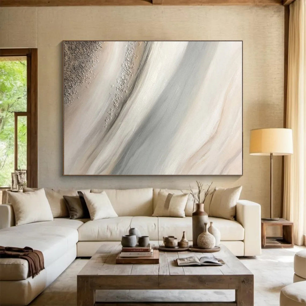 “Soft Silver - Beige Flow” - Silver, Beige, Gray Abstract Fluid Painting On Canvas PS0652