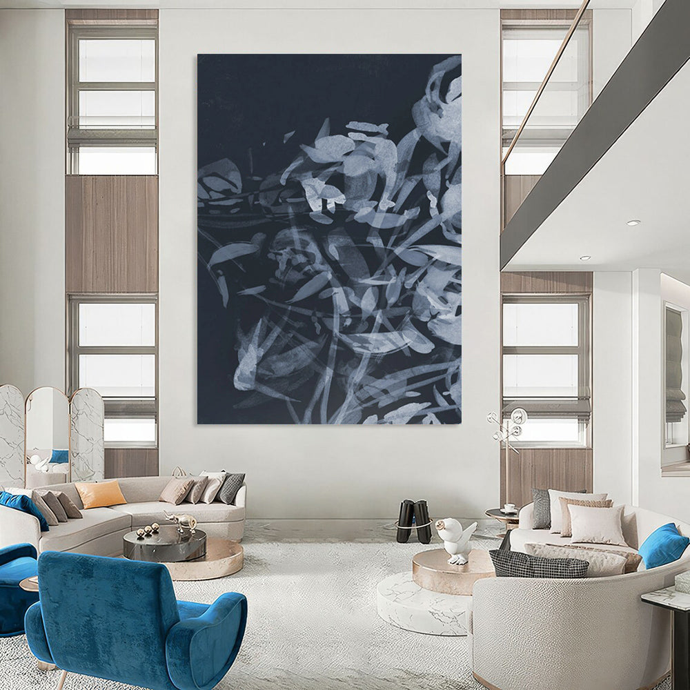 “Indigo Floral Abstraction” - Layered Plant Forms Painting On Canvas DS240