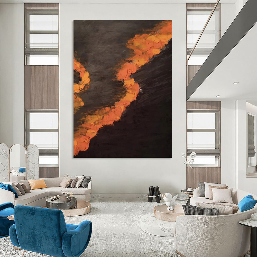 “Black and Orange Flames: Dramatic Abstract” - Bold Expressionistic Art On Canvas PT0961