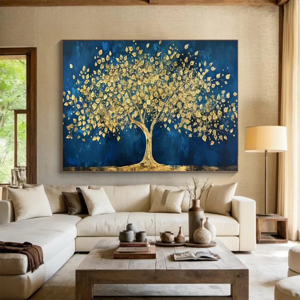 “Gold Tree on Blue” - Rich Gold “Golden Oasis” Painting On Canvas PT1620