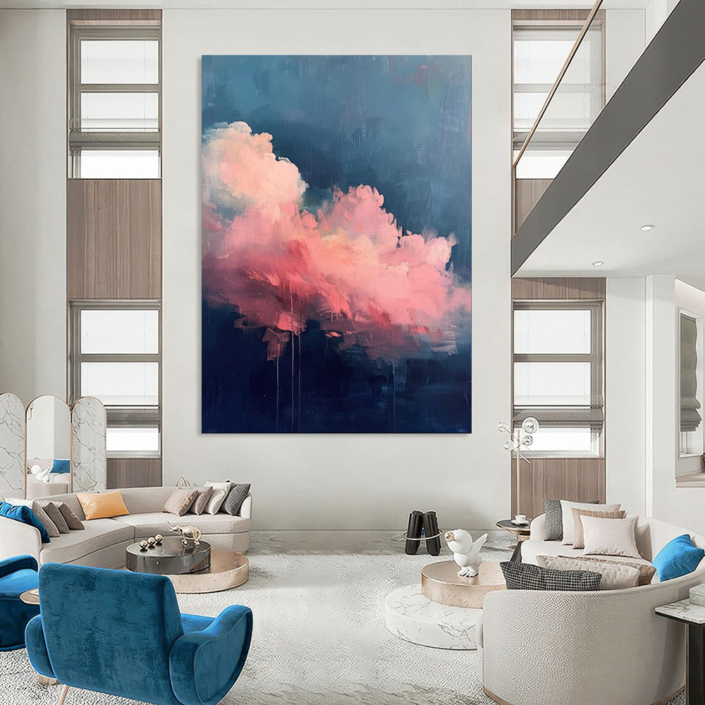 “Pink - Blue Cloudscape with Drips” - Abstract Cloud Painting On Canvas PT1976