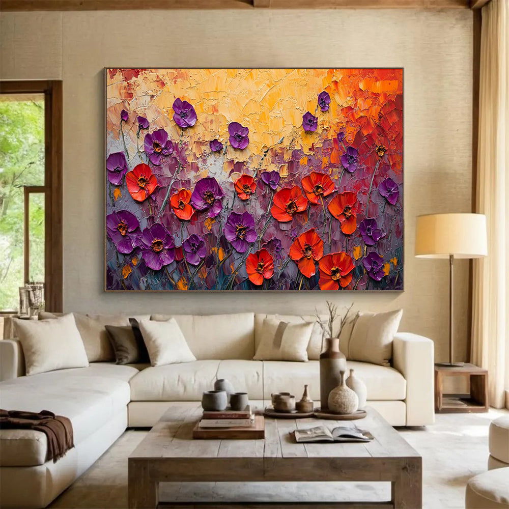 “Purple - Red Poppies Burst” - Impasto Oil Painting on Canvas DKS901