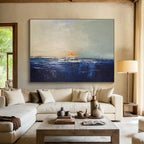 Sunset on Blue: Blue, Gray & Orange Abstract Landscape Painting for Beach House & Art - Inspired Library DKS650
