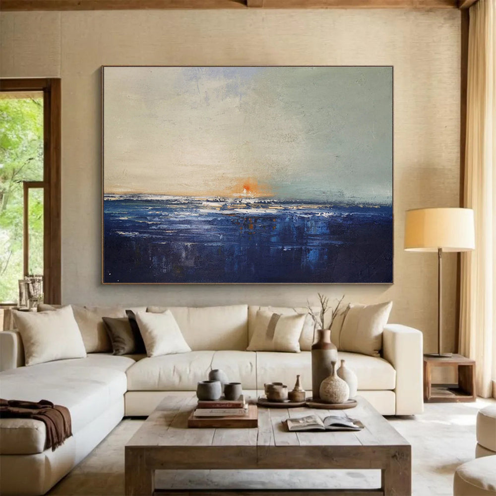 Sunset on Blue: Blue, Gray & Orange Abstract Landscape Painting for Beach House & Art - Inspired Library DKS650