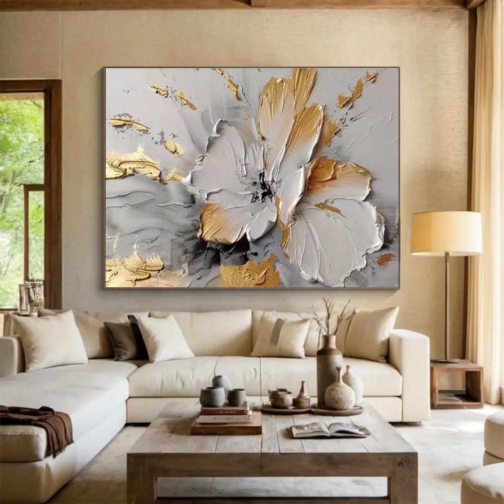 Gilded Bloom - Textured Floral Acrylic Painting, Suited for Dining Room & Entryway DKS677