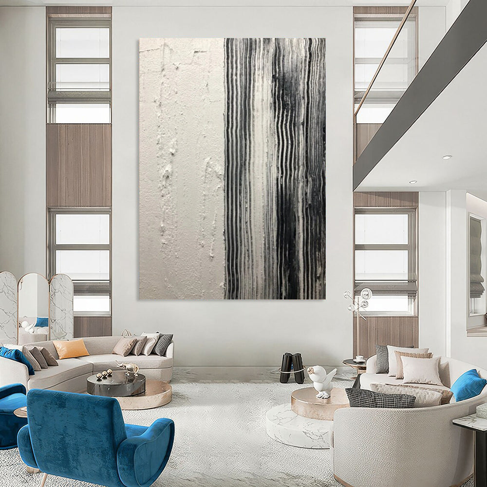 “Black and White Vertical Textured Stripes” - Minimalist Abstract Painting On Canvas DS382