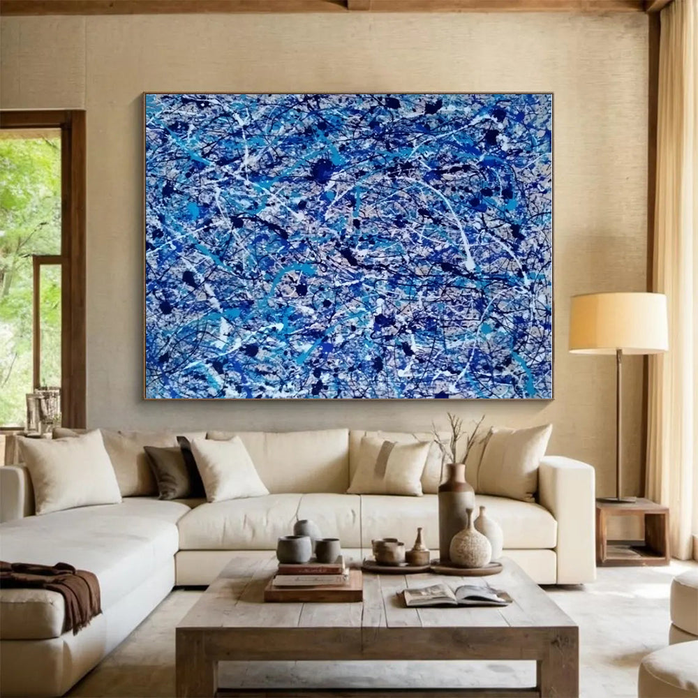 Blue and White Splatters, "Oceanic Chaos" – Action - Painting Abstract On Canvas PS0886