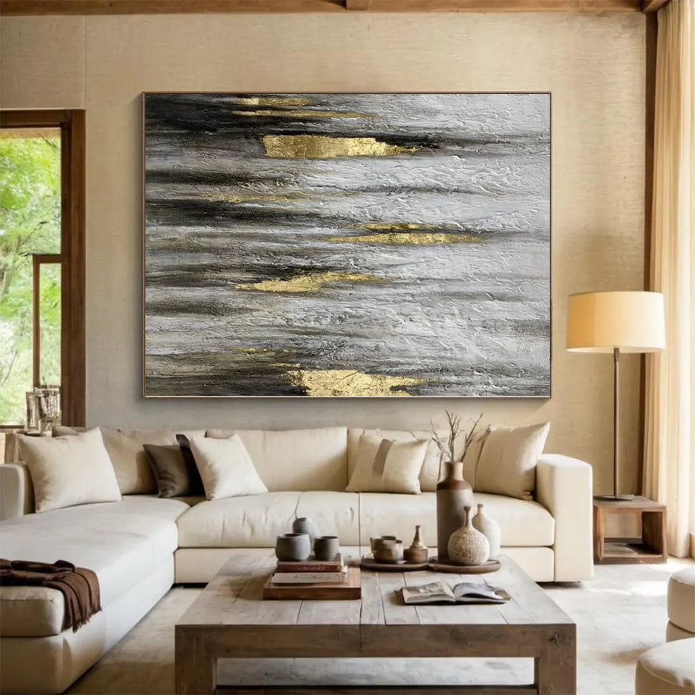 “Textured Grey - Gold Abstract Drip Art” - Luxe Textured Painting On Canvas PS0321