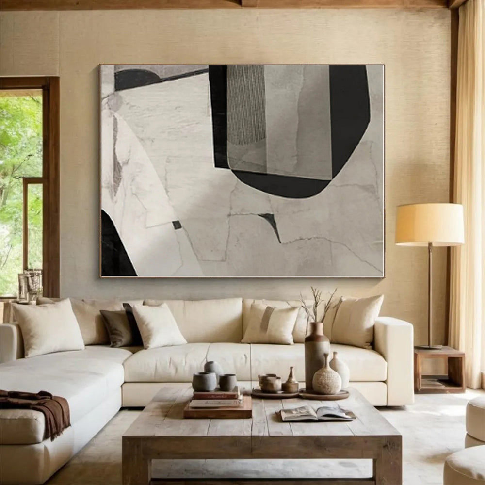 “Grayscale Collage - like Abstraction” - Black, White, Gray Abstract Collage - style Painting On Canvas PS0558