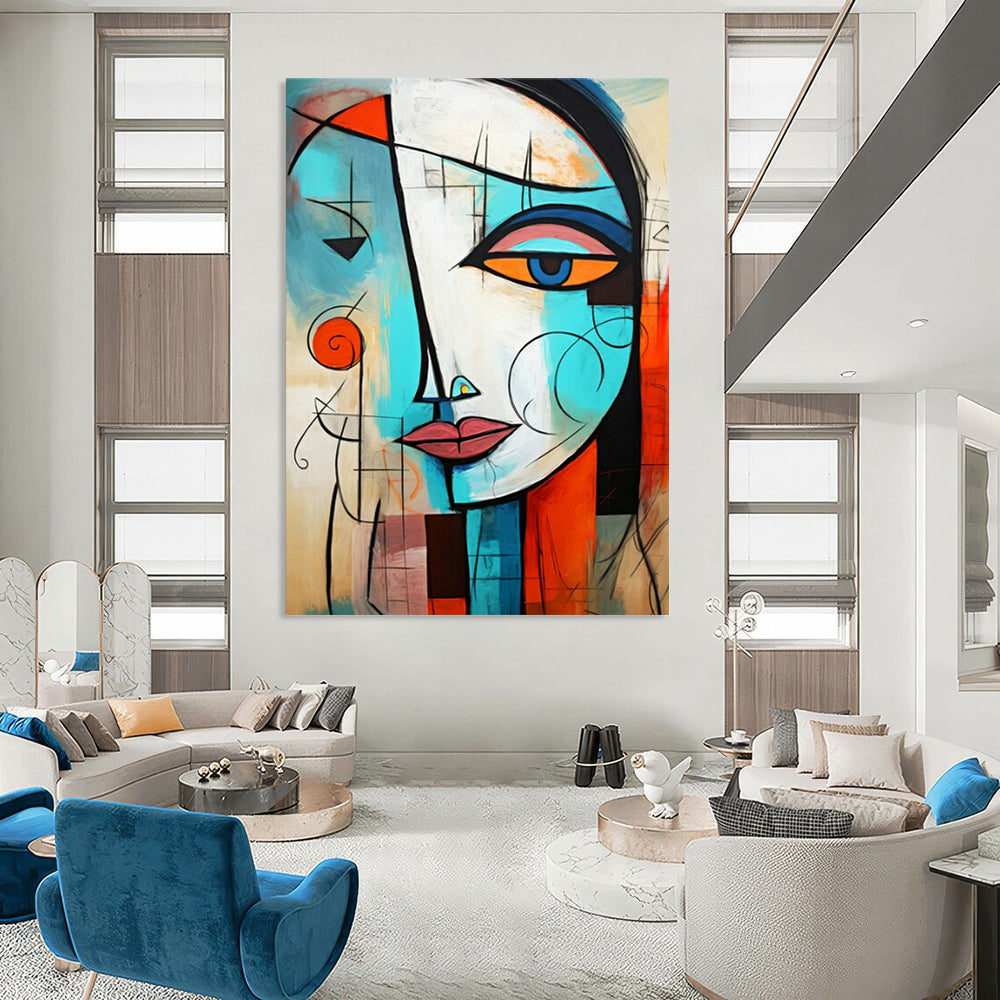 “Cubist Face in Blue and Orange” - Cubist Acrylic Painting On Canvas PT2213