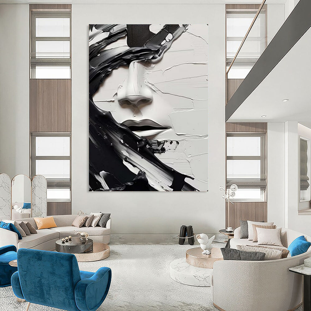 Black & White Textured Face, Abstract Expressionism, Painting On Canvas PT2134