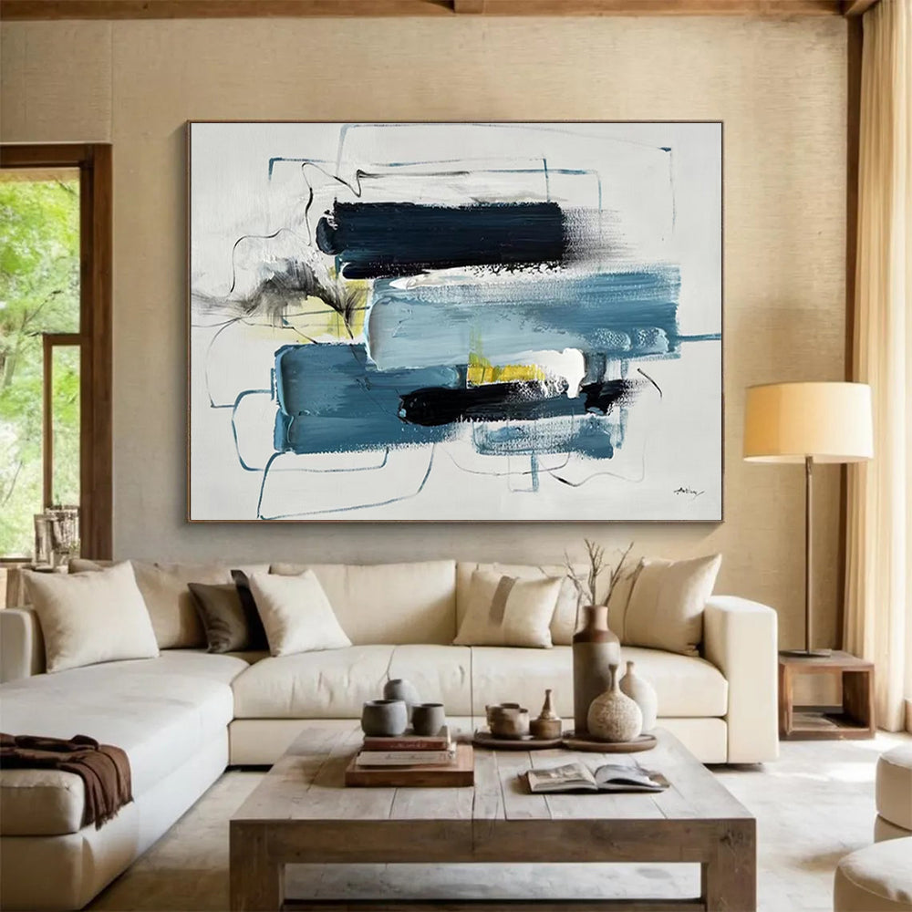 “Blue - Black Abstract Composition” - Modernist Abstract Painting On Canvas PT1561