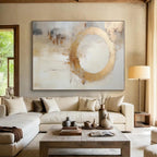 “Gold - White Abstract Circle” - Gold, White, Beige Abstract Minimalist Painting On Canvas PS0586