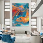 “Vibrant Swirls: Blue, Orange, and Red Abstract” - Fluid Art - Style Painting On Canvas PT0940