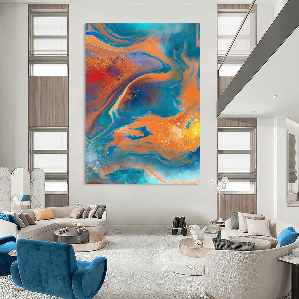 “Vibrant Swirls: Blue, Orange, and Red Abstract” - Fluid Art - Style Painting On Canvas PT0940
