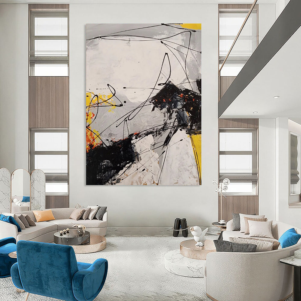 Black - White - Yellow - Orange Energetic Drips Abstract Expressionist Painting On Canvas DS054