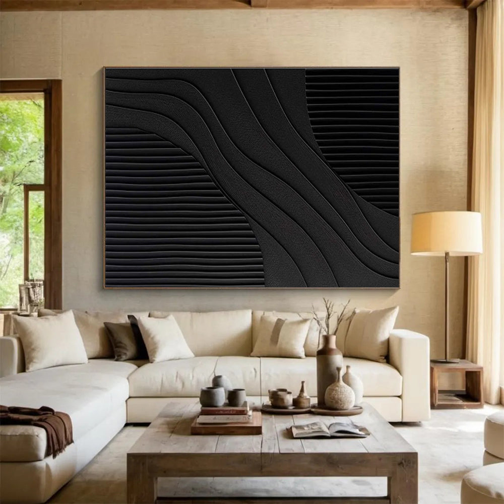 Black Curved and Straight Lines Minimalist Abstract Painting On Canvas DKS098