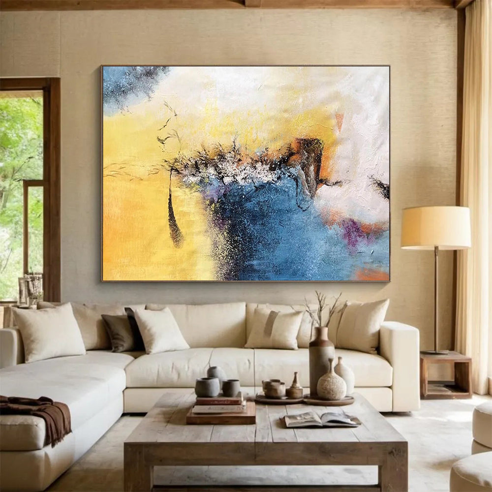 “Vibrant Yellow and Blue Abstract” - Energetic Abstract Painting On Canvas PT156