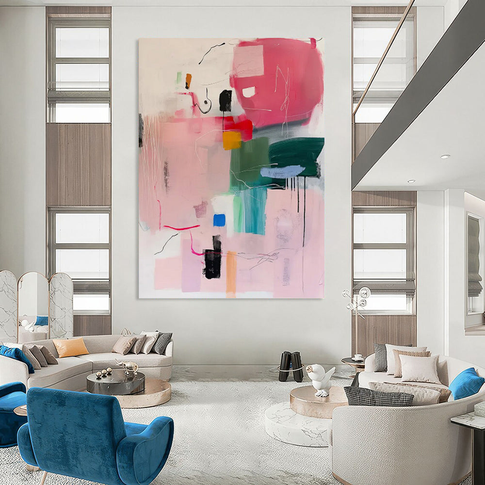 “Pink and Colorful Shapes Abstract” - Energetic Abstract Expressionism On Canvas PT0998