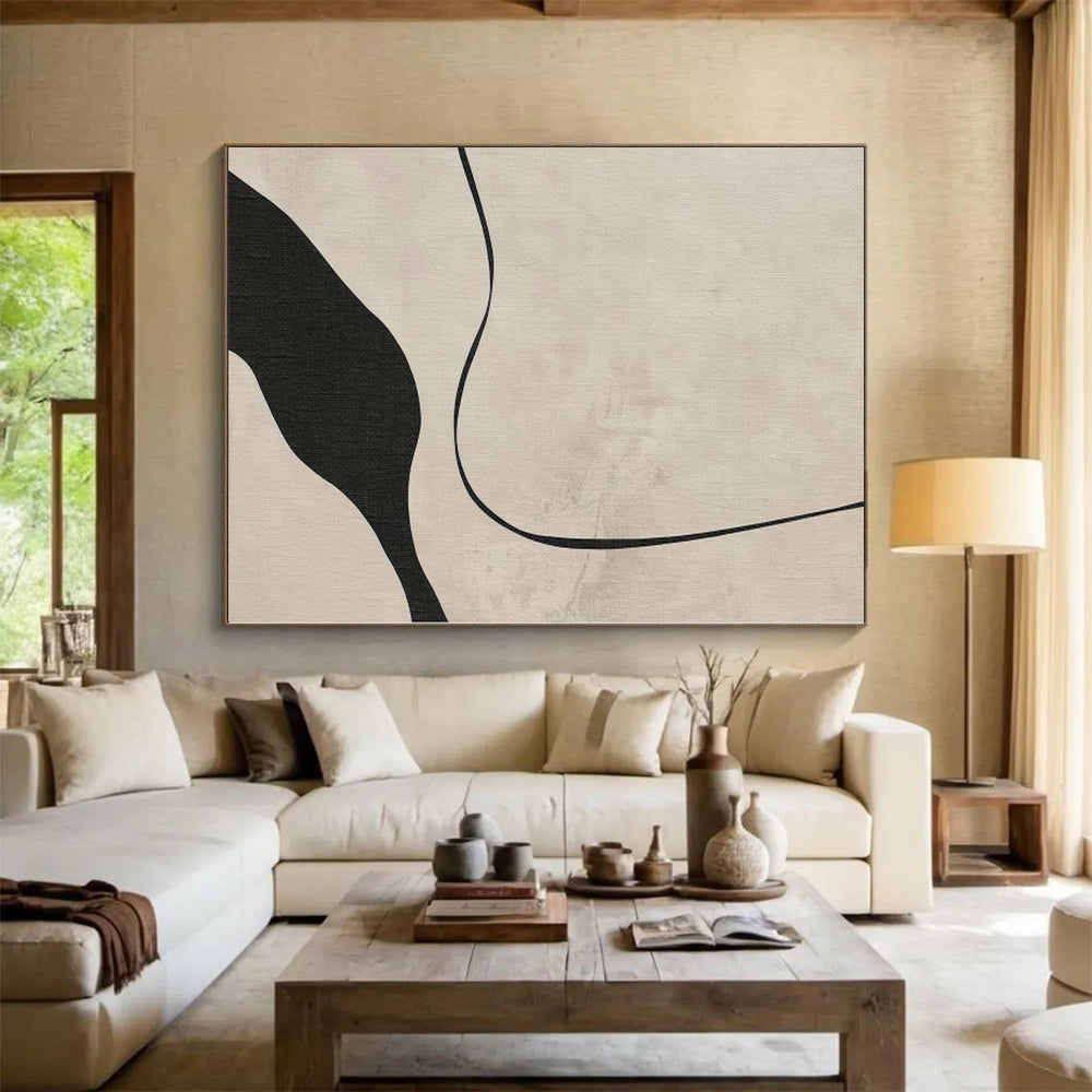 “Minimalist Black - White Curved Abstract” - Minimalist Abstract Painting On Canvas PS0264