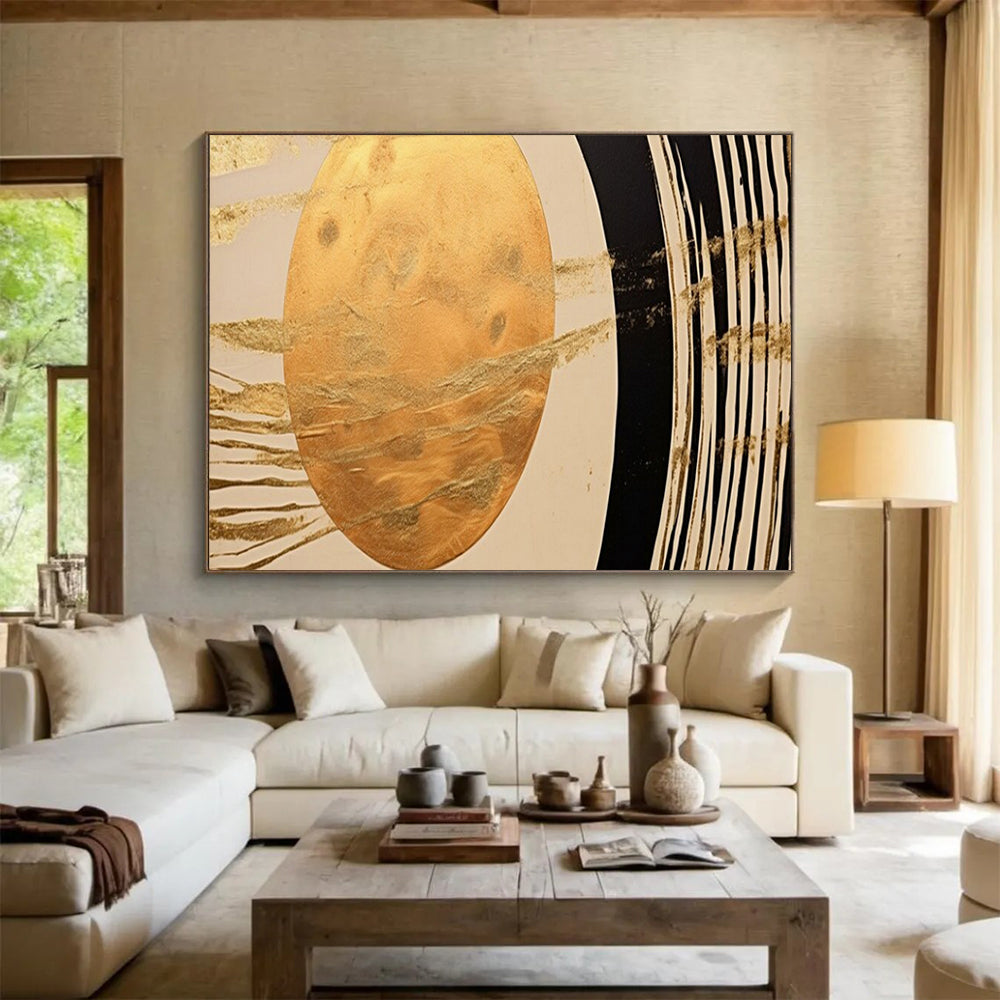 “Gold Oval & Black - White Lines” - Abstract Symbolist - Painting On Canvas PT1712