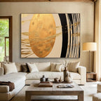 “Gold Oval & Black - White Lines” - Abstract Symbolist - Painting On Canvas PT1712