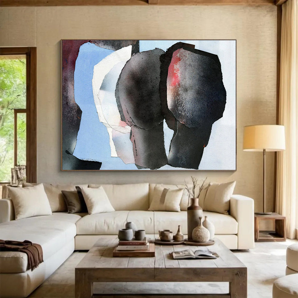 “Mixed Media Black - Blue Figures” - Collage Abstract - Painting On Canvas PT1782