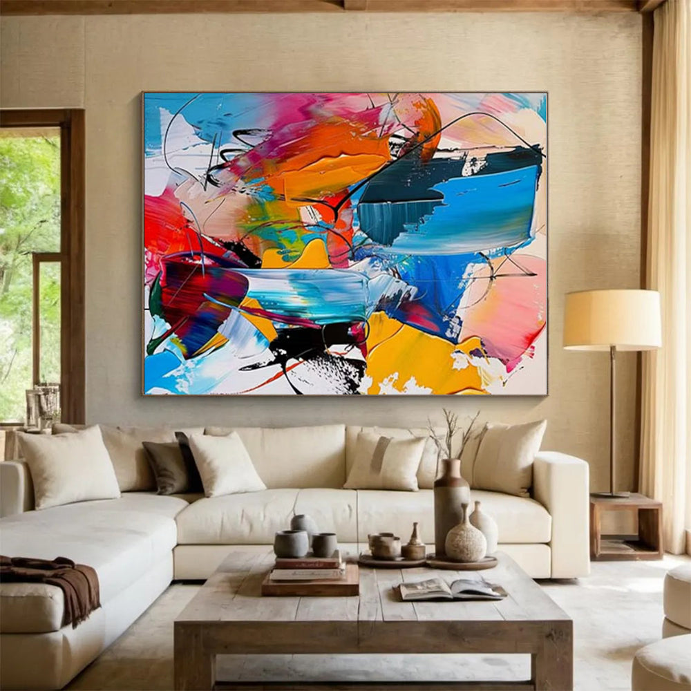 “Colorful Abstract Fusion” - Blue, Pink, Yellow, Orange Abstract Expressionist Painting On Canvas PS0689