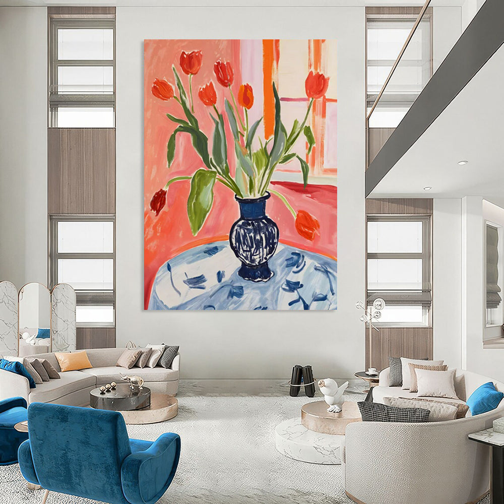 “Vibrant Tulip Bouquet” - Post - Impressionist Still - Life Painting On Canvas PT2229