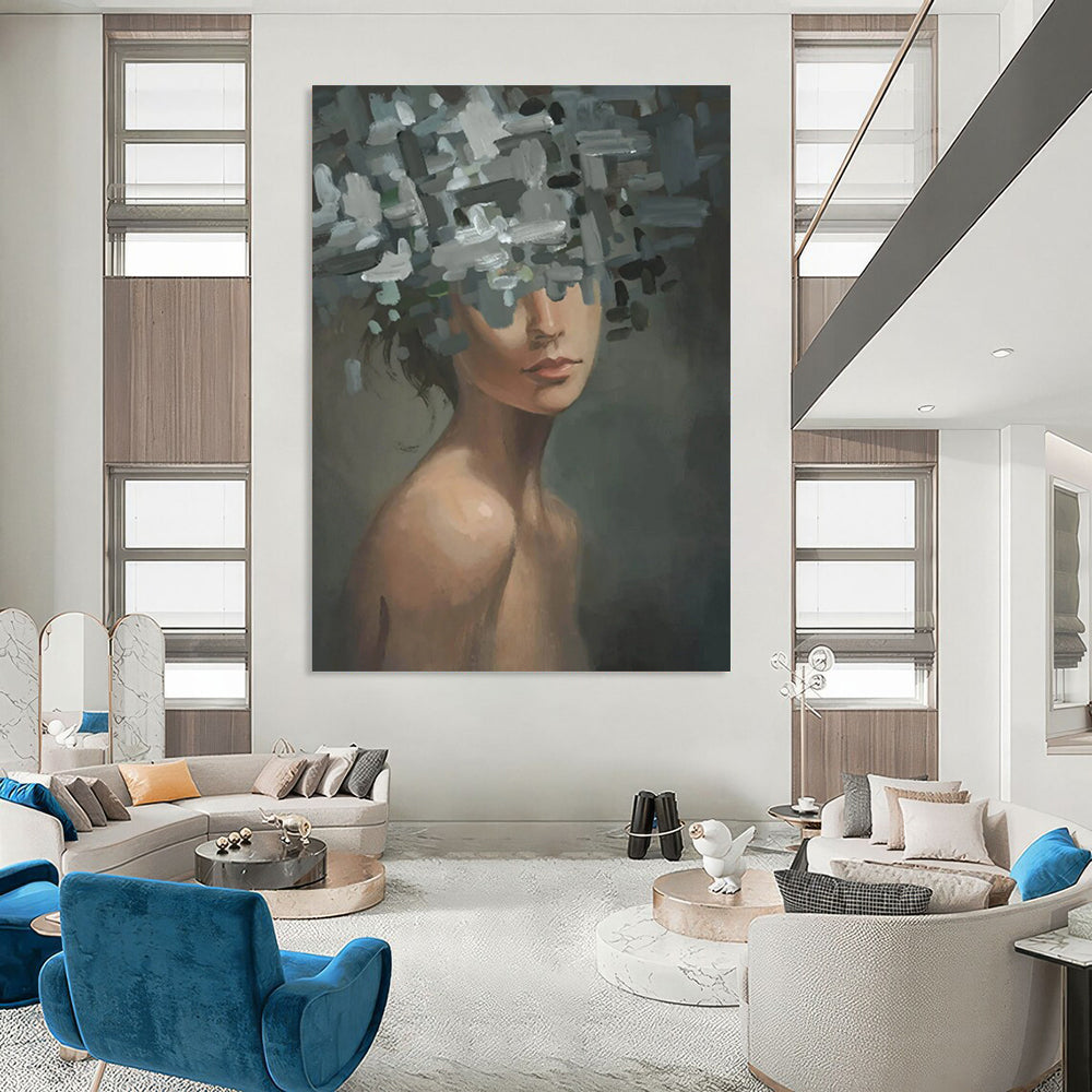 “Grey, Green, and White Fragmented Floral Head” - Abstract Figurative Painting On Canvas DS328