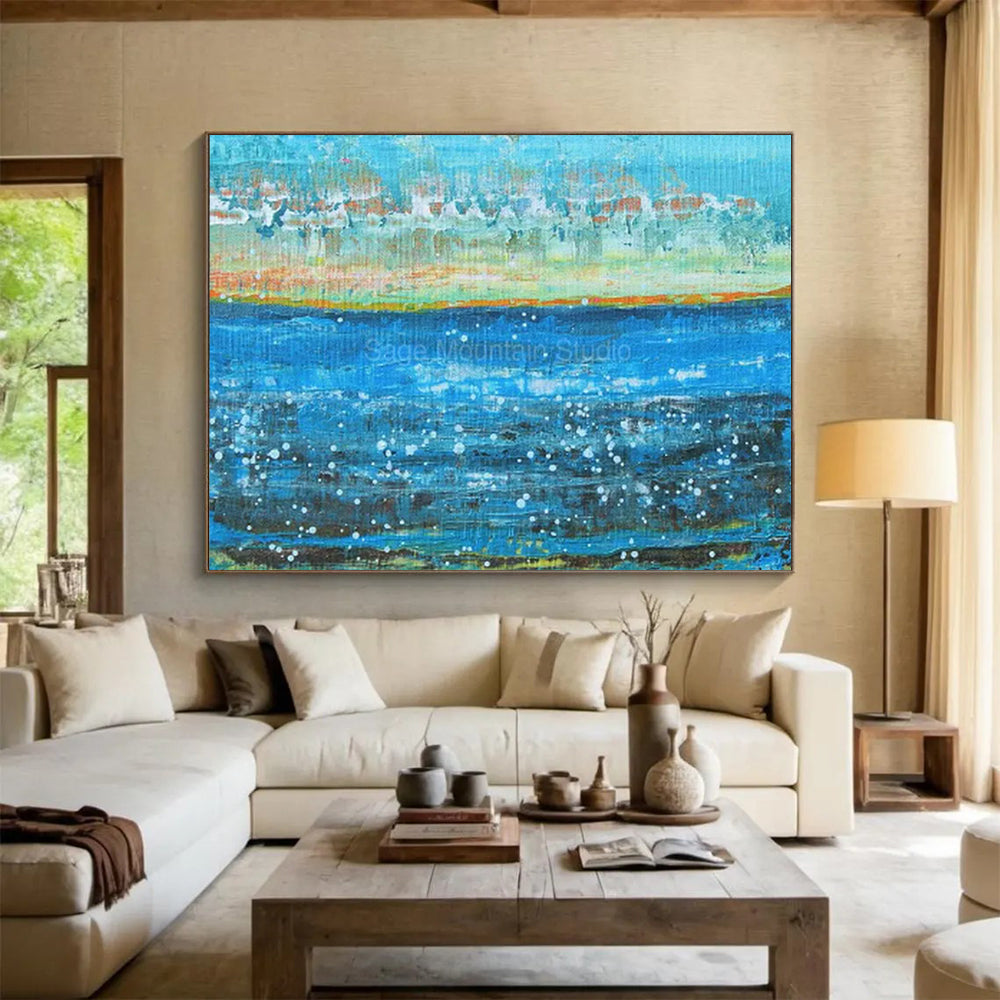 “Blue Water with White Dots and Colorful Shore” - Impressionist Maritime - Painting On Canvas PT1794