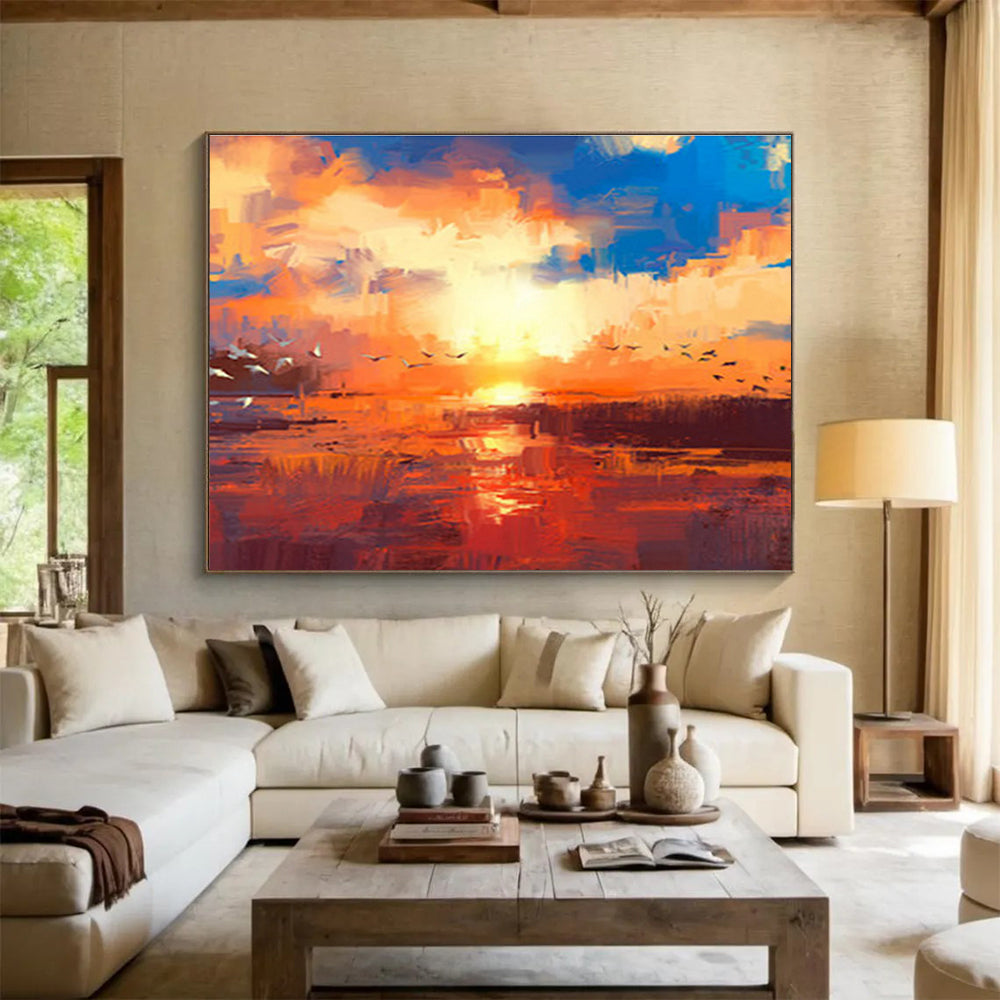 “Colorful Birds at Sunset Abstract” - Lively Landscape Painting On Canvas DKS387