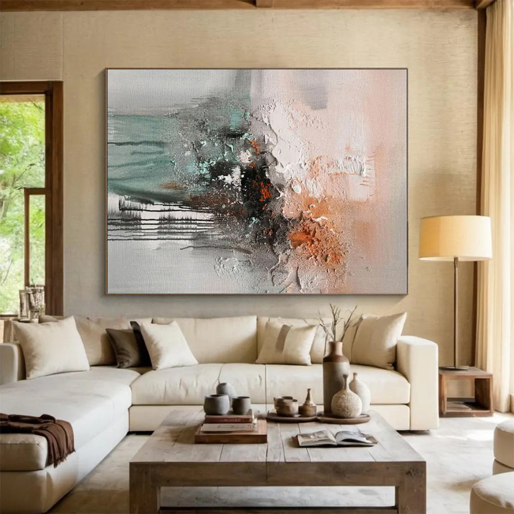 Textured Gray - Orange Abstract, "Rough Dawn" – Mixed - Media Abstract Painting On Canvas PS0898