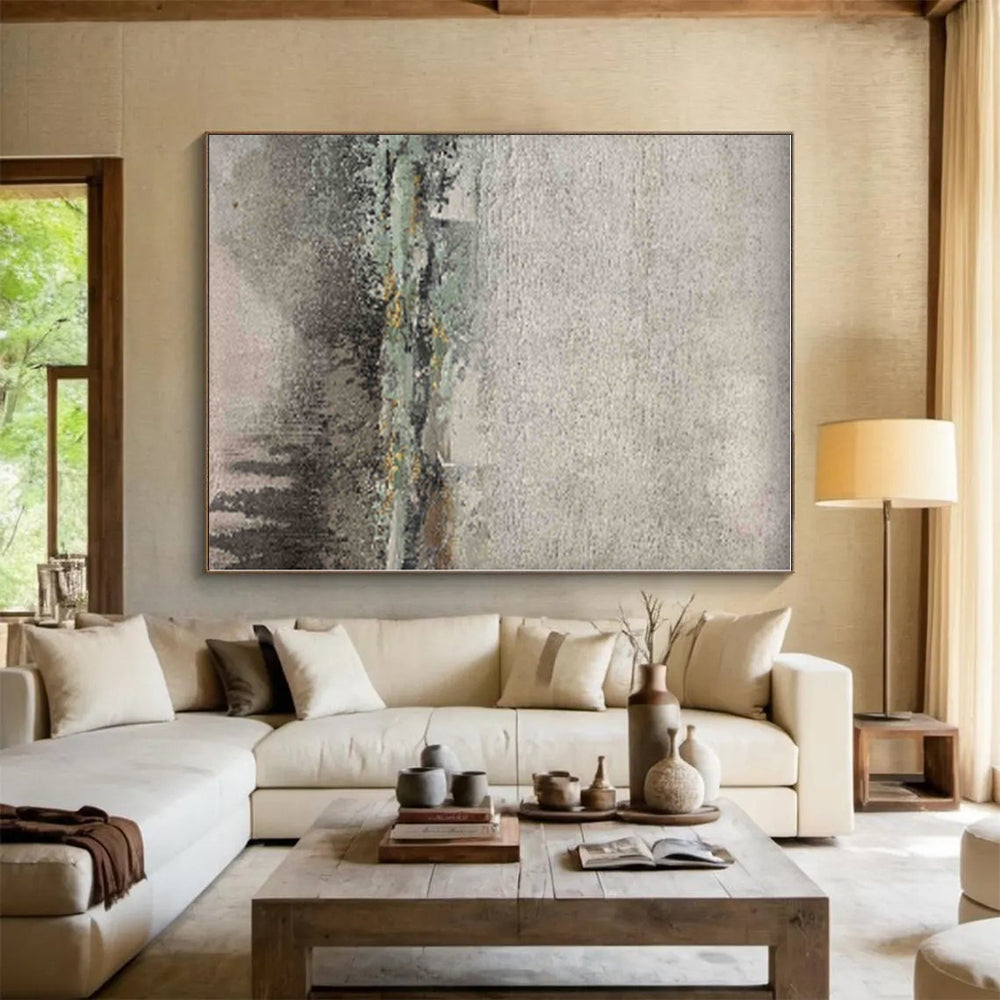 “Muted Landscape Impression” - Gray, Green, Yellow Abstract Landscape Painting On Canvas PS0565