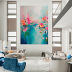 “Pink, Orange, and Blue Floral Abstract” - Impressionistic Flower Painting On Canvas PT0993
