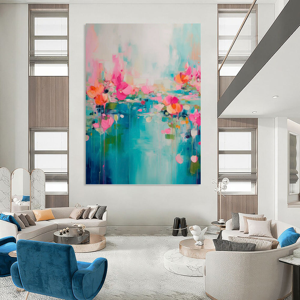 “Pink, Orange, and Blue Floral Abstract” - Impressionistic Flower Painting On Canvas PT0993
