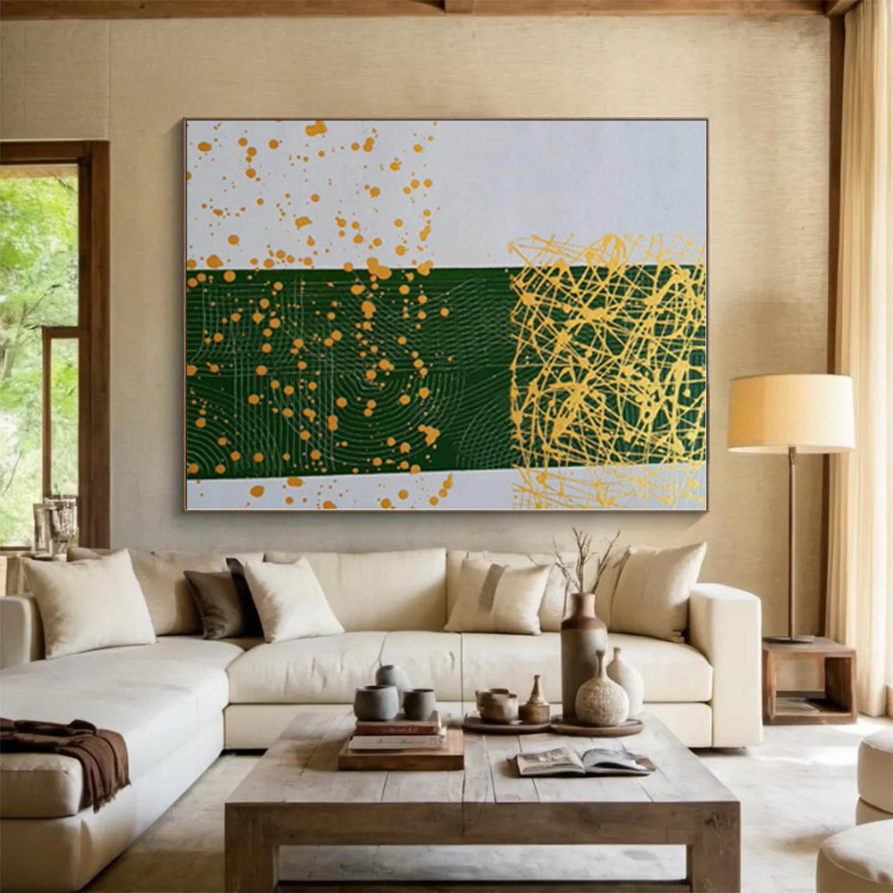 “Green - Yellow Splatter Geometry” - Green, Yellow Abstract Painting On Canvas PS0476