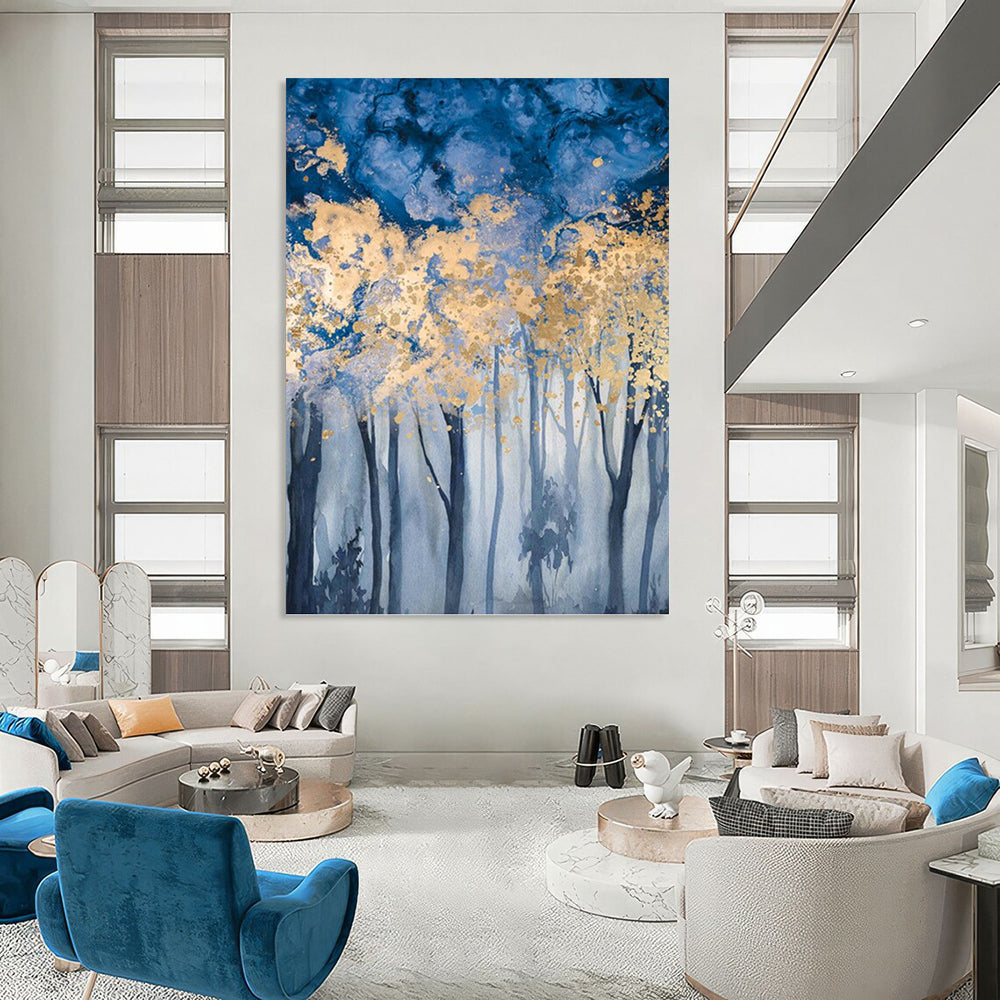 “Blue - Gold Forest: Dreamy Landscape” - Watercolor - Style Painting On Canvas PT0936