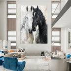 “Black - White Horses Impasto” - Impressionist - Inspired Animal Painting On Canvas PT1401