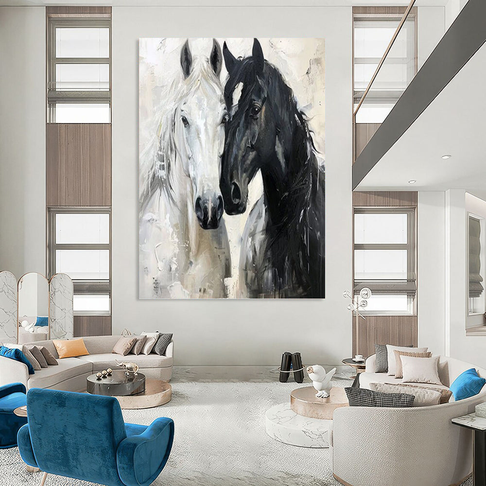 “Black - White Horses Impasto” - Impressionist - Inspired Animal Painting On Canvas PT1401