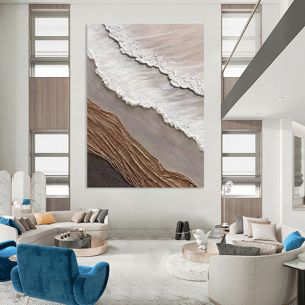 “White, Grey, and Brown Textured Wave Collage” - Mixed - Media Coastal Painting On Canvas DS344