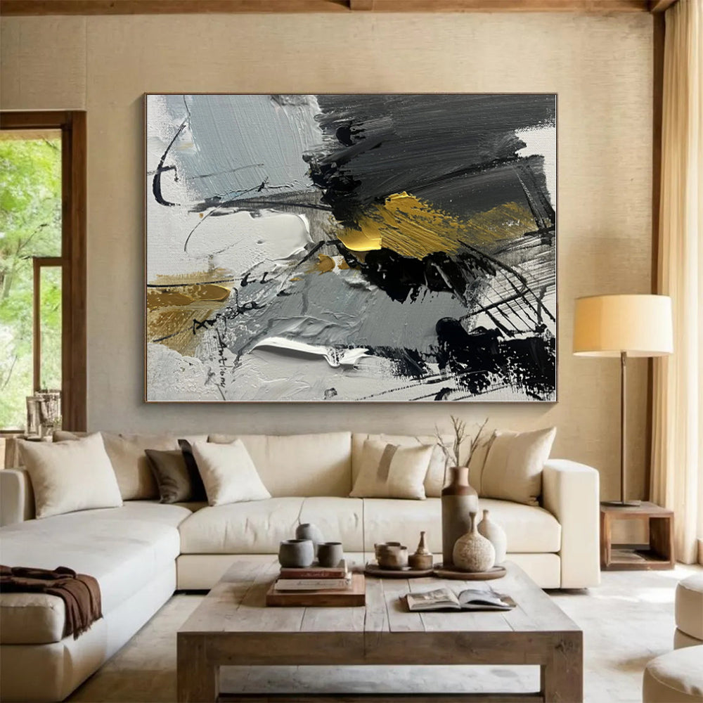 “Gray - Gold Dynamic Abstraction” - Gray, Gold, Black Abstract Painting On Canvas PS0493