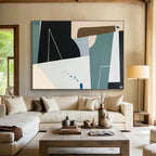 “Geometric Shapes in Black, Beige, Teal” Cubist Abstract Painting On Canvas PT1805