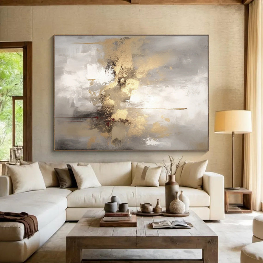 “Gray - Gold - Red Abstract Fusion” - Gray, Gold, Red Abstract Painting On Canvas PS0542