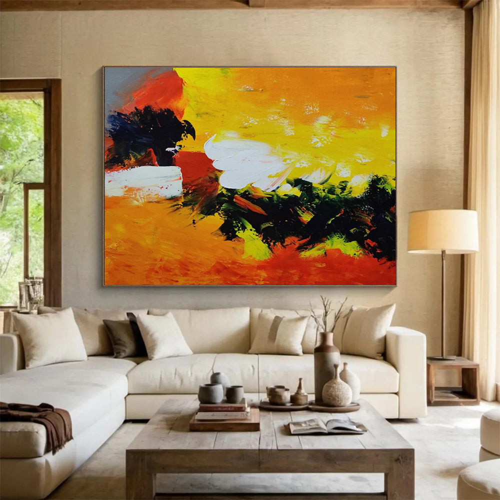 Fiery Abstract: Yellow, Orange & Green Expressionist Painting for Modern Living Room & Creative Studio DKS652