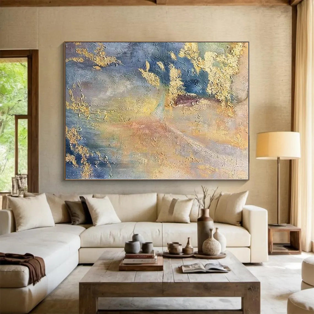 “Gold - Blue - Yellow Textured Abstraction” - Gold, Blue, Yellow Abstract Textured Painting On Canvas PS0582