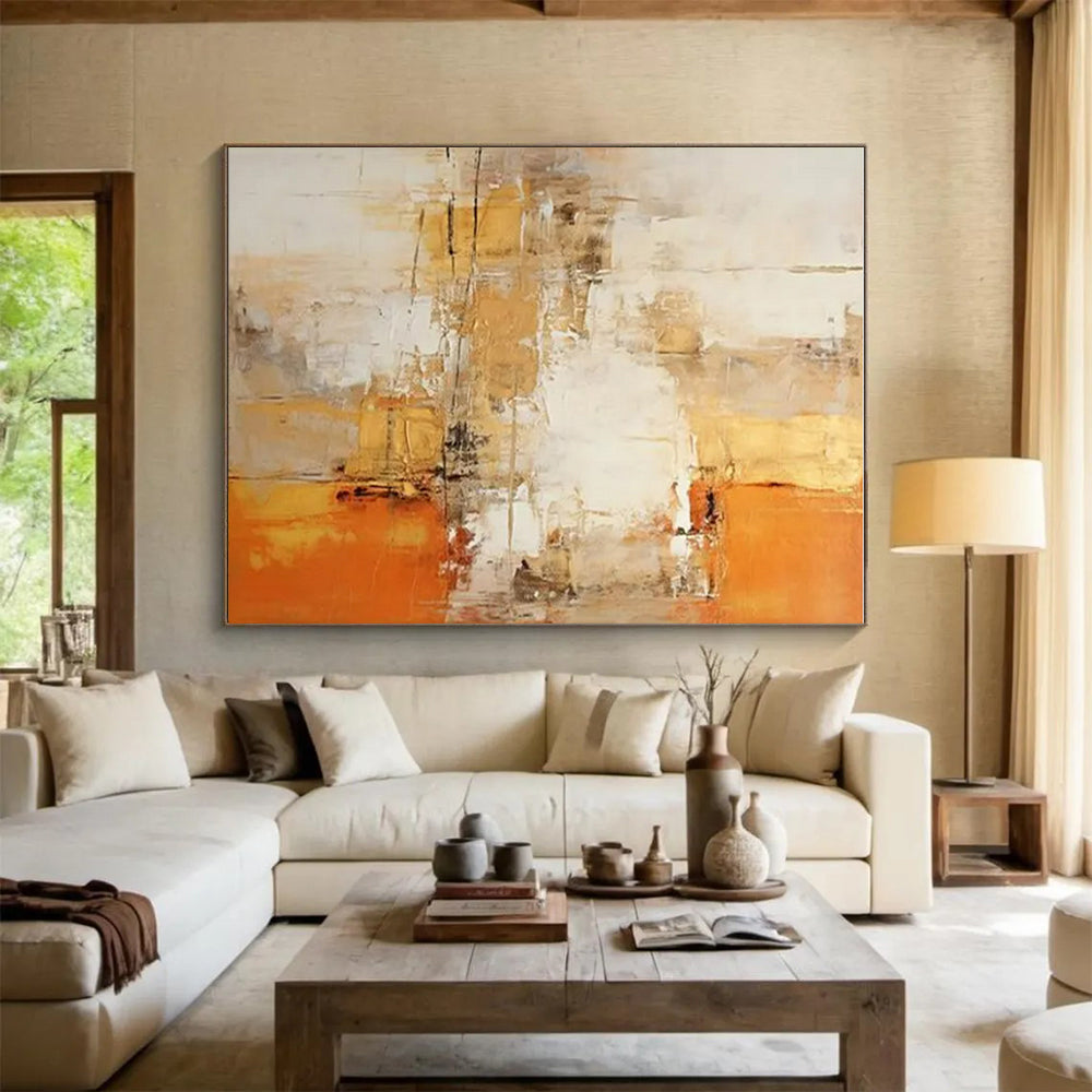 Beige, Orange & White Abstract Blend Painting On Canvas PS0817