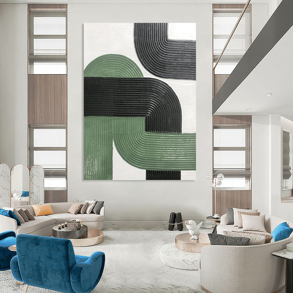 “Green - Black Curved Textures” - Minimalist Abstract Painting On Canvas PT1171