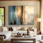 “Golden Horizon” - Blue, Gold, Gray Abstract Landscape Painting On Canvas PS0621
